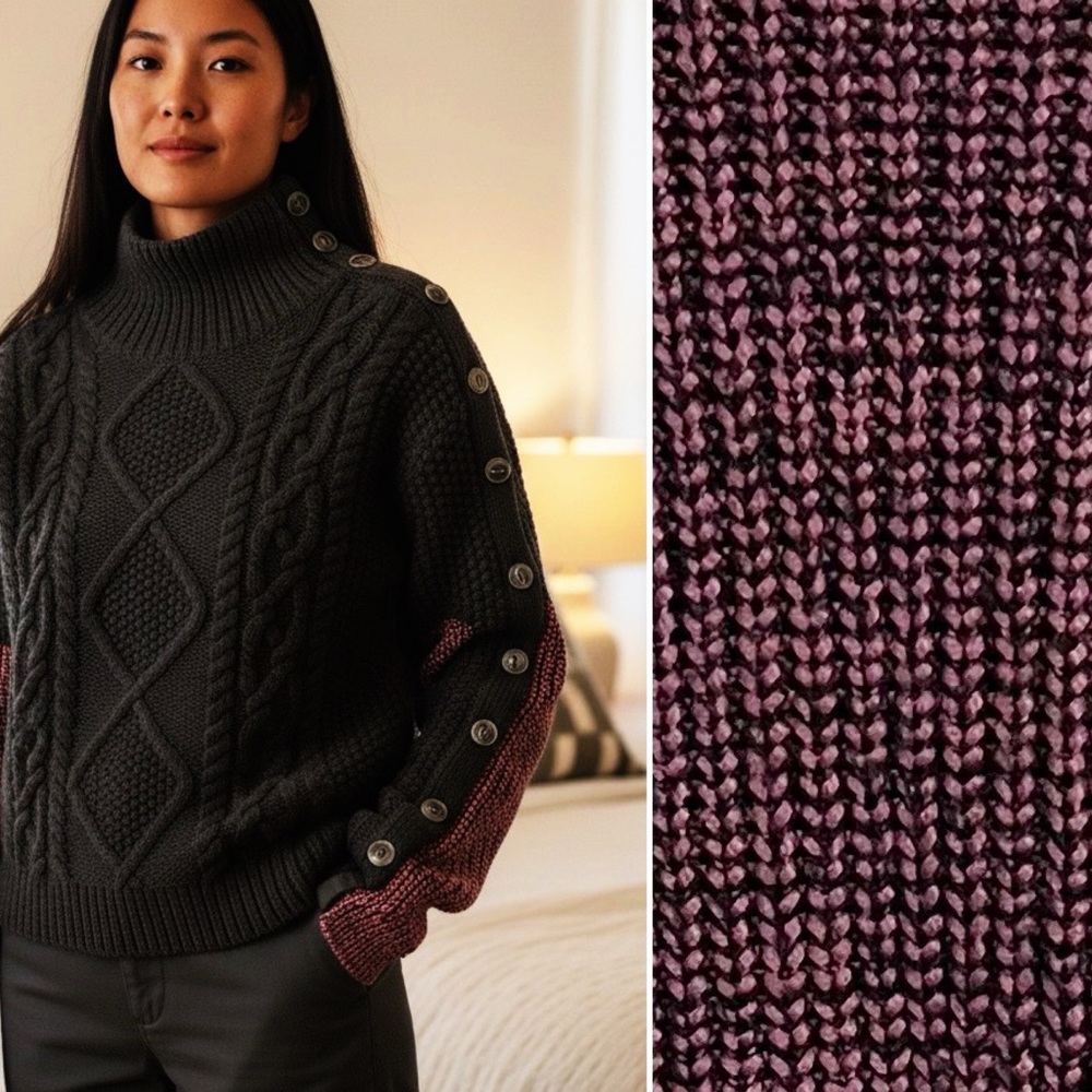 BOGO! Rag & Bone Ida Two Tone Turtleneck Chunky Knit Wool Sweater Black Small